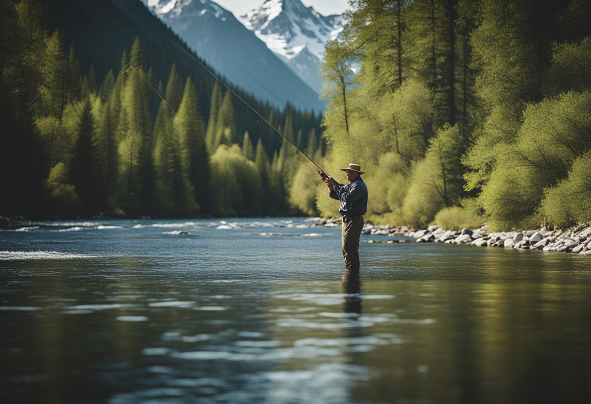A fly fisherman casts a Spey line across a wide river, surrounded by lush green trees and snow-capped mountains in the distance