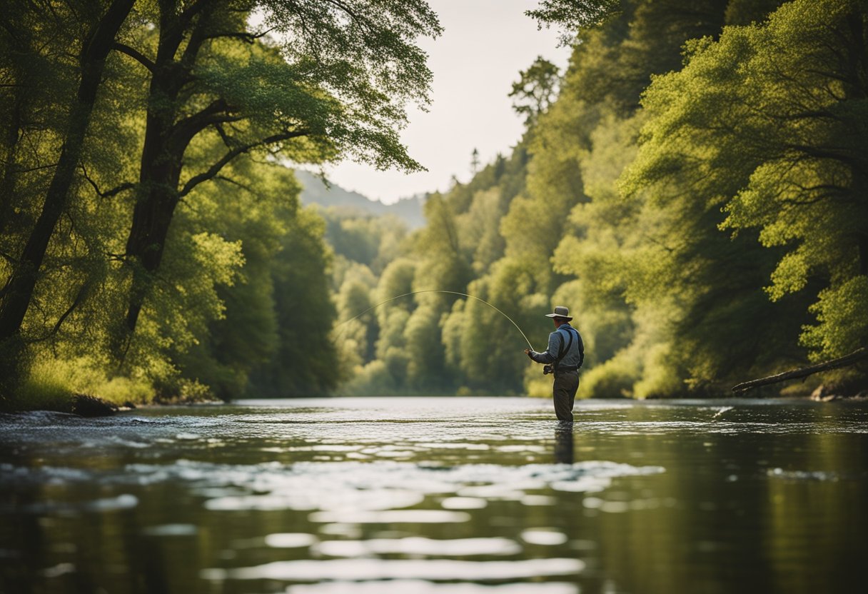 A serene river flowing through a lush forest, with a fly fisherman casting a traditional Spey line into the calm water