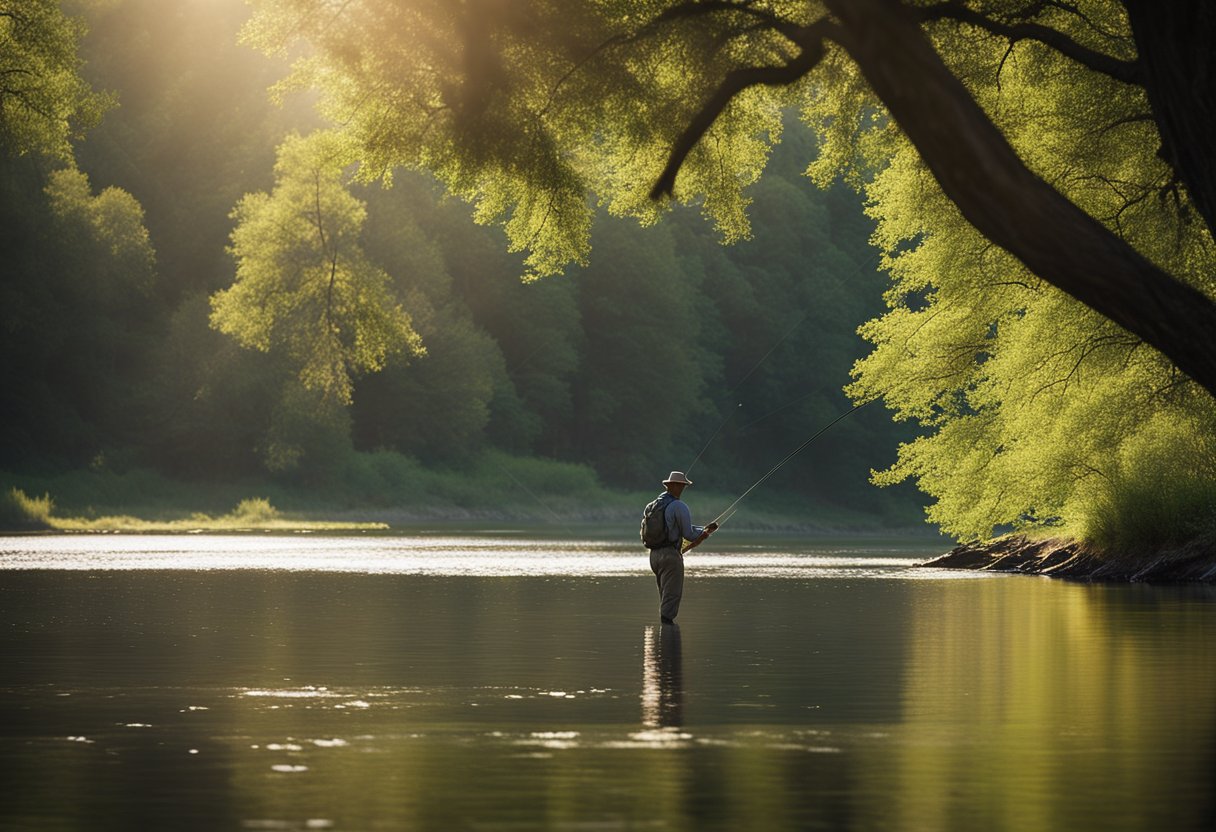 A serene riverbank with a fly fisherman casting a traditional Spey line under the dappled light of overhanging trees