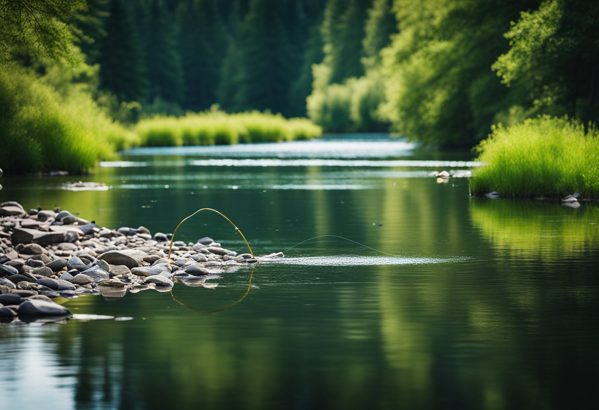 A serene river with a fly line gracefully casting over the water, surrounded by lush greenery and the best run for catching fish