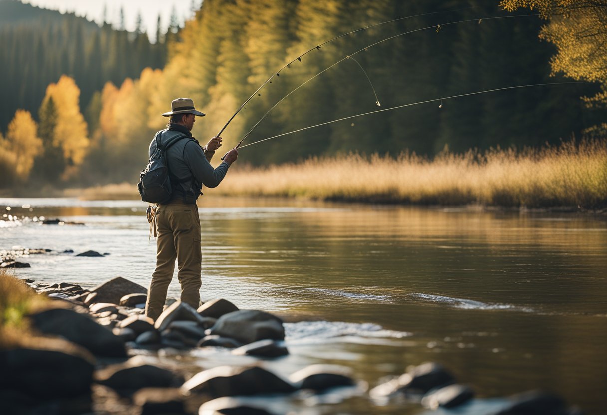 A serene riverbank with a fly fisherman casting a Spey line into the best run
