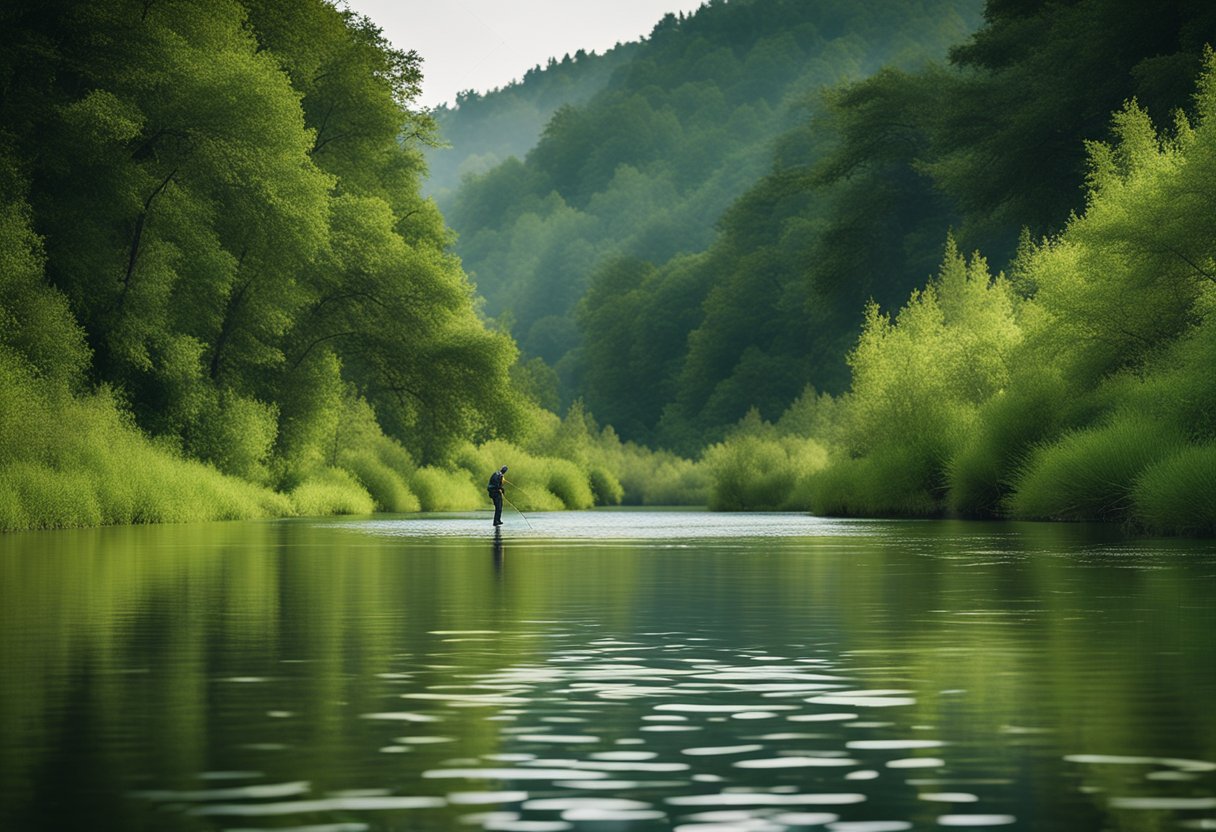 A serene river with a lush, green bank, where a fly fisherman expertly casts a long line across the water