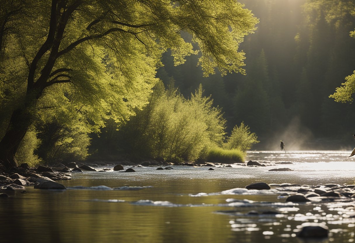 A serene riverbank with a lone fly fisherman casting a Scandinavian fly line into the clear, flowing water