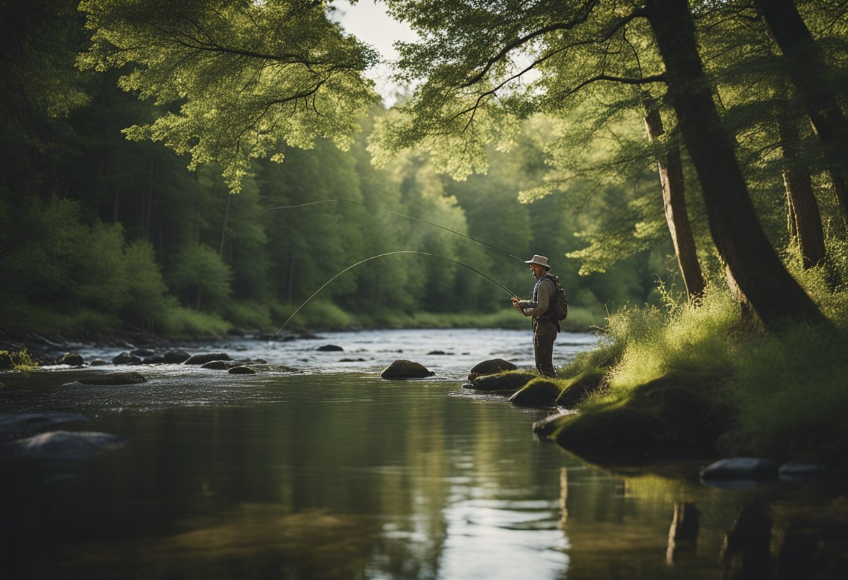 A serene river flowing through a lush Scandinavian forest, with a fly fisherman casting a Scandi fly line into the clear water