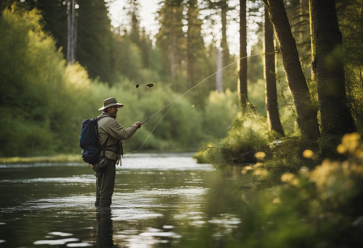 A serene riverbank with a fly fisherman carefully selecting between a Scandi and Skagit fly line for his traditional Spey rod, considering seasonal conditions and line selection