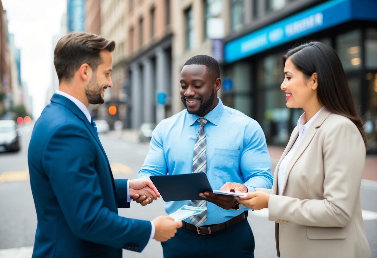 A bustling city street with a small business owner receiving an unsecured business loan from a lender. The scene depicts the exchange of money and paperwork. 