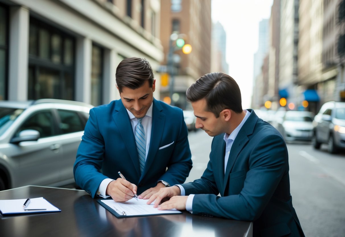 A bustling city street with a small business owner signing paperwork at a loan office. A banker looks on as they discuss unsecured business loans