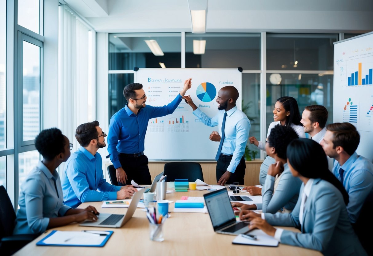 A bustling office with a diverse team brainstorming and collaborating on a whiteboard, surrounded by charts and graphs.
