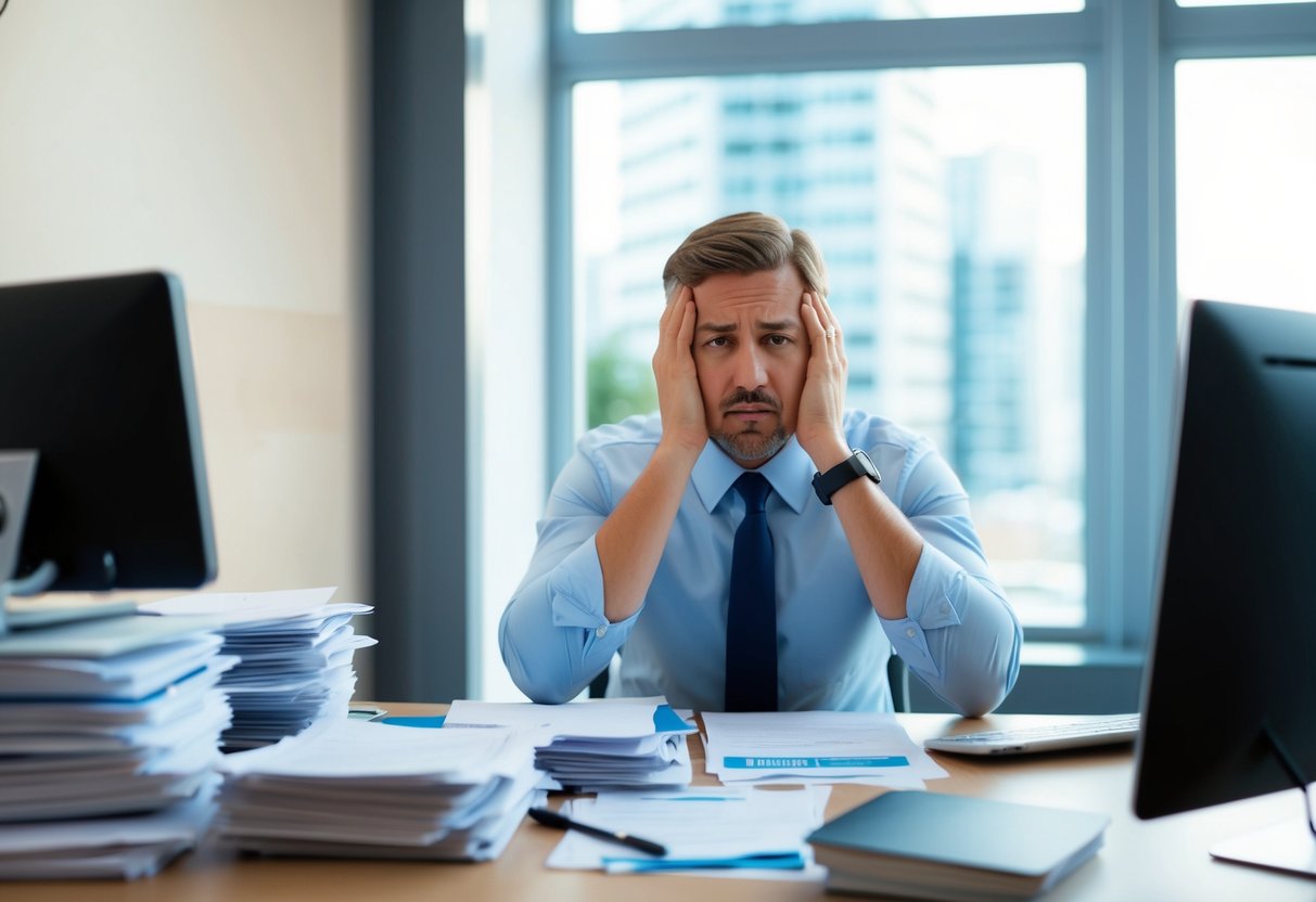 A business owner sitting at a desk, surrounded by stacks of papers and a computer, looking frustrated while searching for information on unsecured business loans