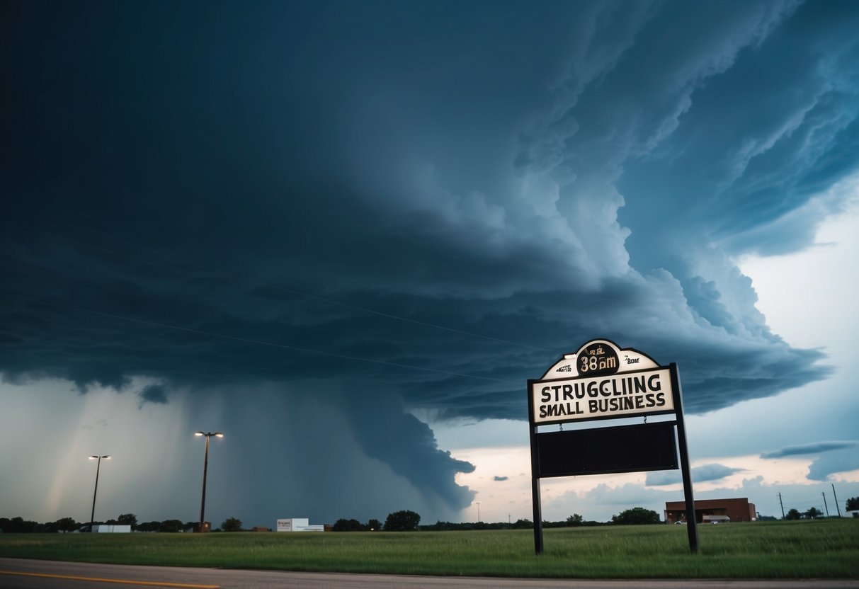 A dark storm cloud hovers over a struggling small business, casting a shadow on its sign