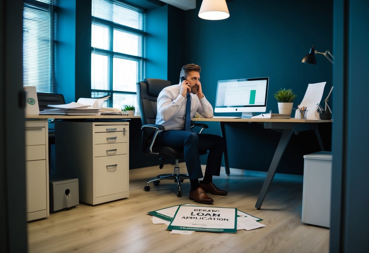 A dimly lit office with a cluttered desk, a frustrated business owner on the phone, and a rejected loan application on the floor