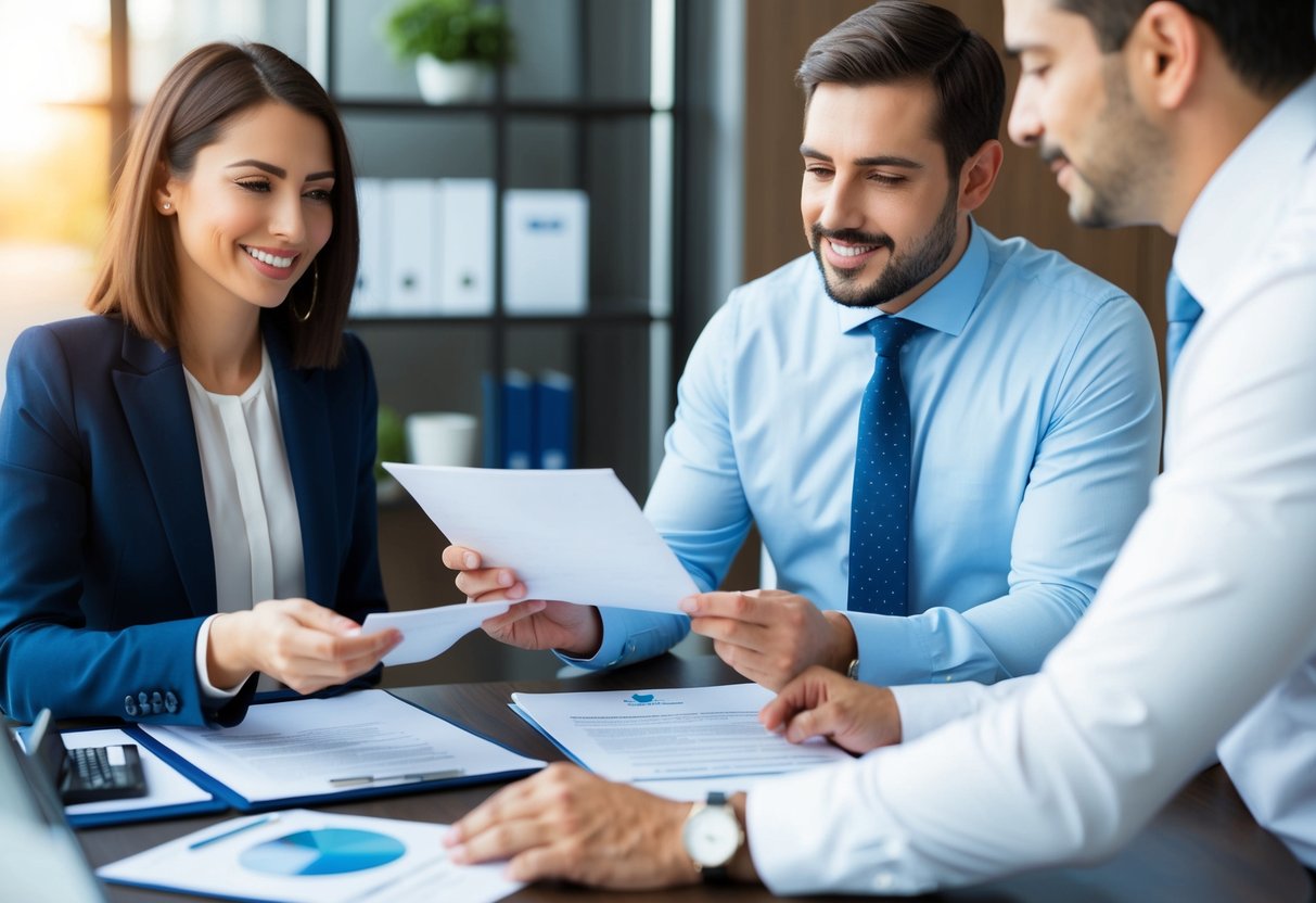 A person with bad credit receives a loan approval letter from a bank, while a financial advisor looks over their business plan