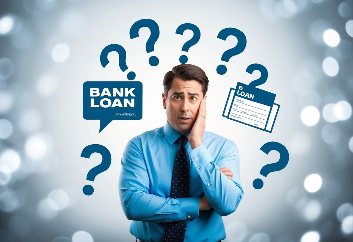 A business owner with a worried expression surrounded by question marks and a bank loan application