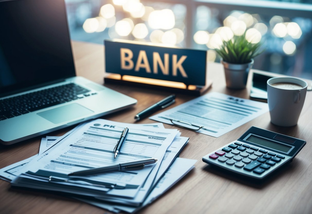 A cluttered desk with financial documents, a laptop, and a pen. A bank sign and a calculator sit nearby