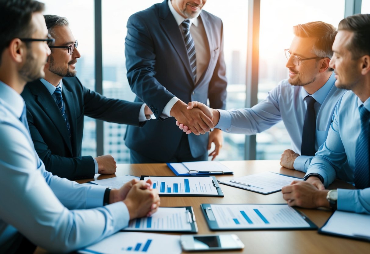 A group of business owners discussing financial documents and shaking hands with a lender