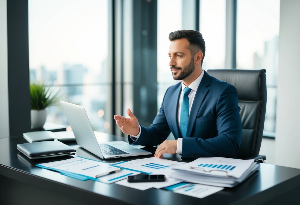 A business owner sitting at a desk, surrounded by financial documents, a laptop, and a phone, while speaking with a bank representative