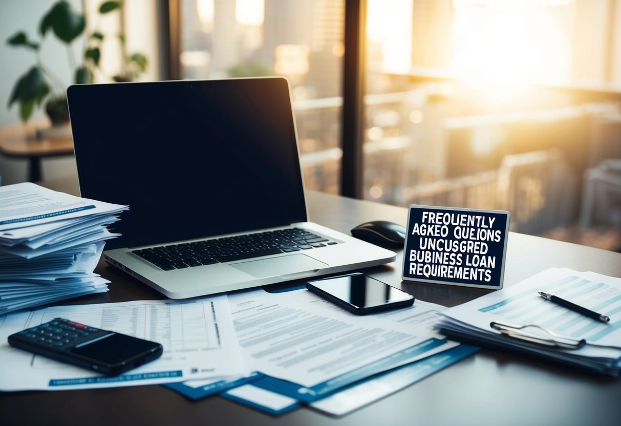 A cluttered desk with a laptop, paperwork, and a phone, surrounded by a stack of financial documents and a sign labeled "Frequently Asked Questions unsecured business loan requirements."