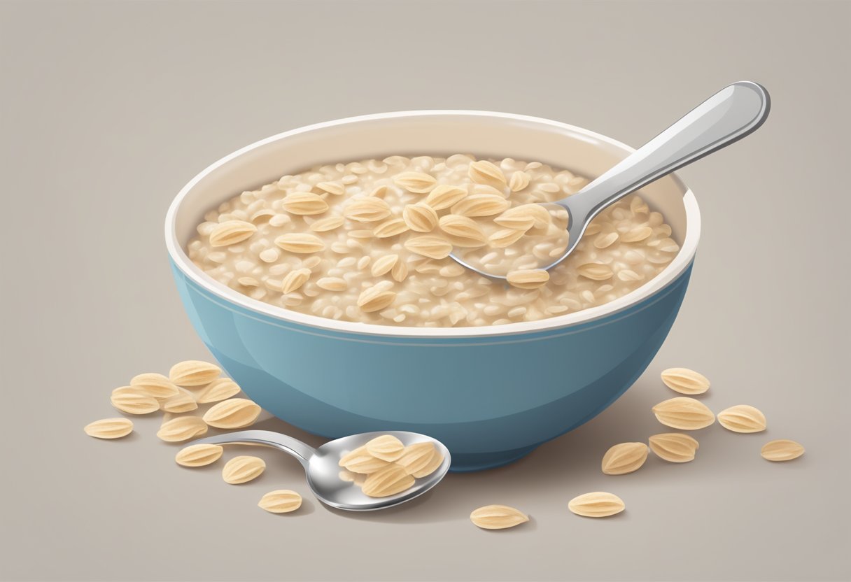En skål havregryn med en ske, et målebæger og en ernæringslabel