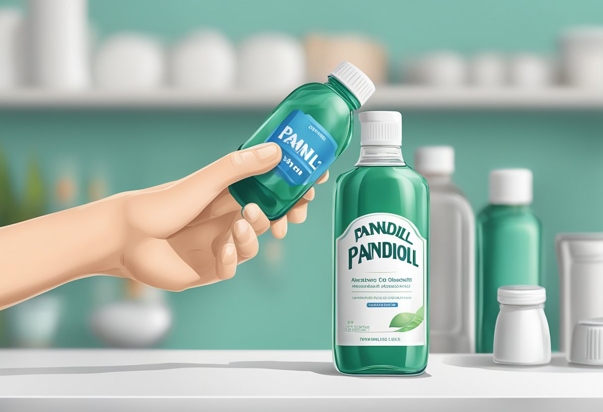En hånd strækker sig efter en flaske Panodil på en hvid bordplade