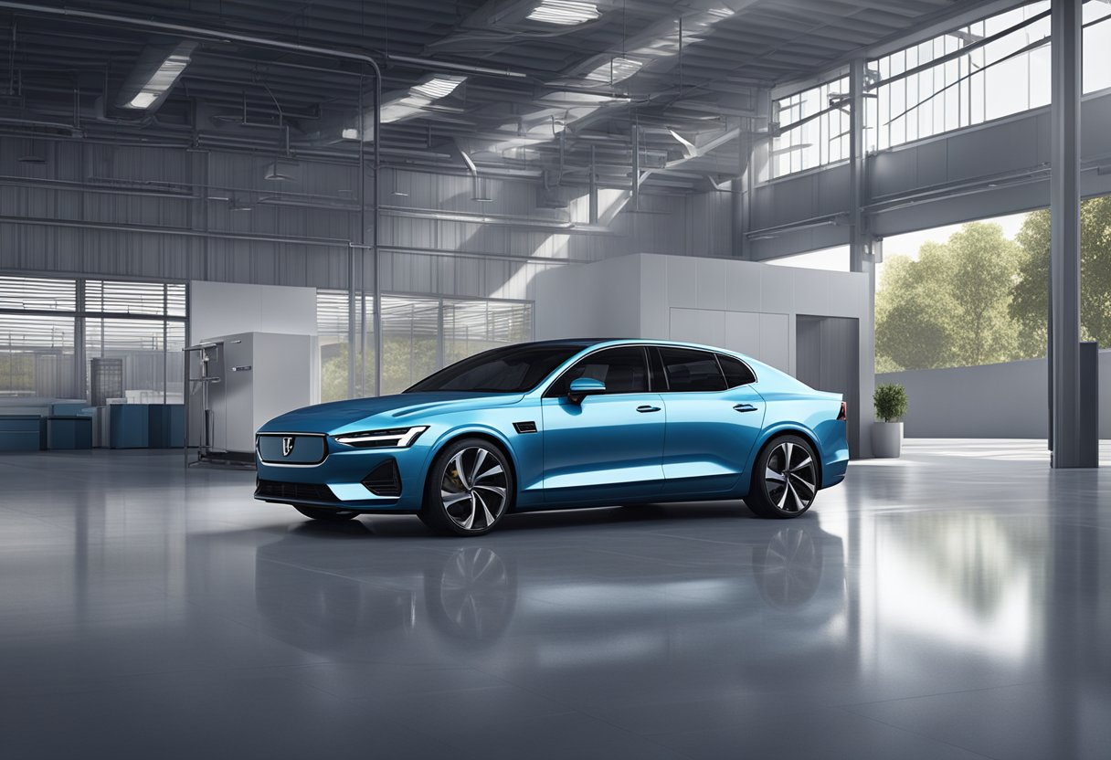 En strømlinet Polestar-bil parkeret udenfor en moderne fabrik, med Polestar-logoet tydeligt vist på bygningen