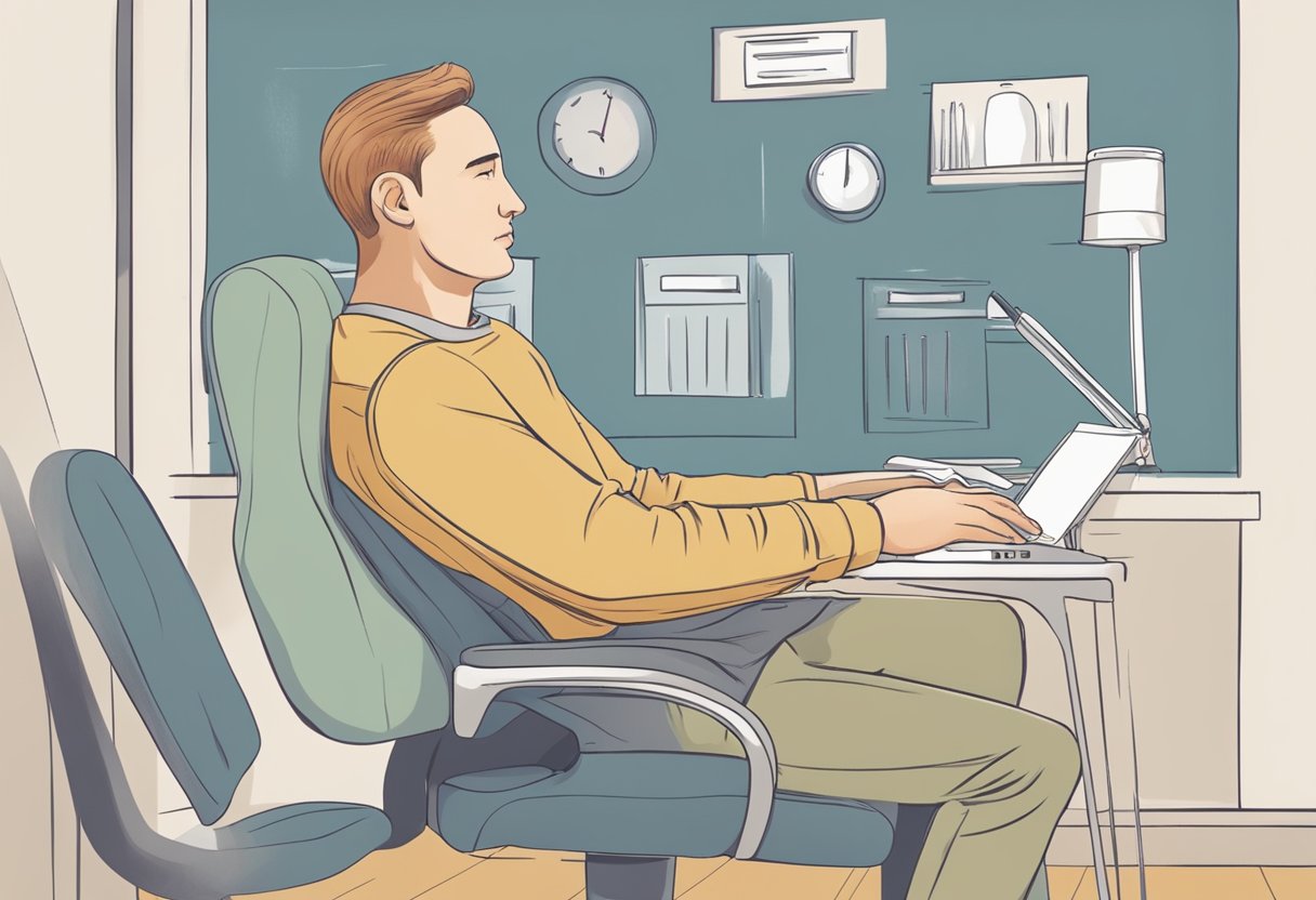 En person, der sidder på en stol, holder sig om den nederste del af ryggen med et smertefuldt udtryk i ansigtet, hvilket indikerer ubehag i sakralområdet.