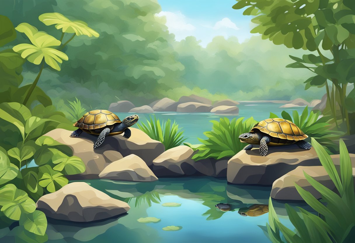 En fredfyldt dam med frodig vegetation, klipper og en række skildpadder, der solbader.