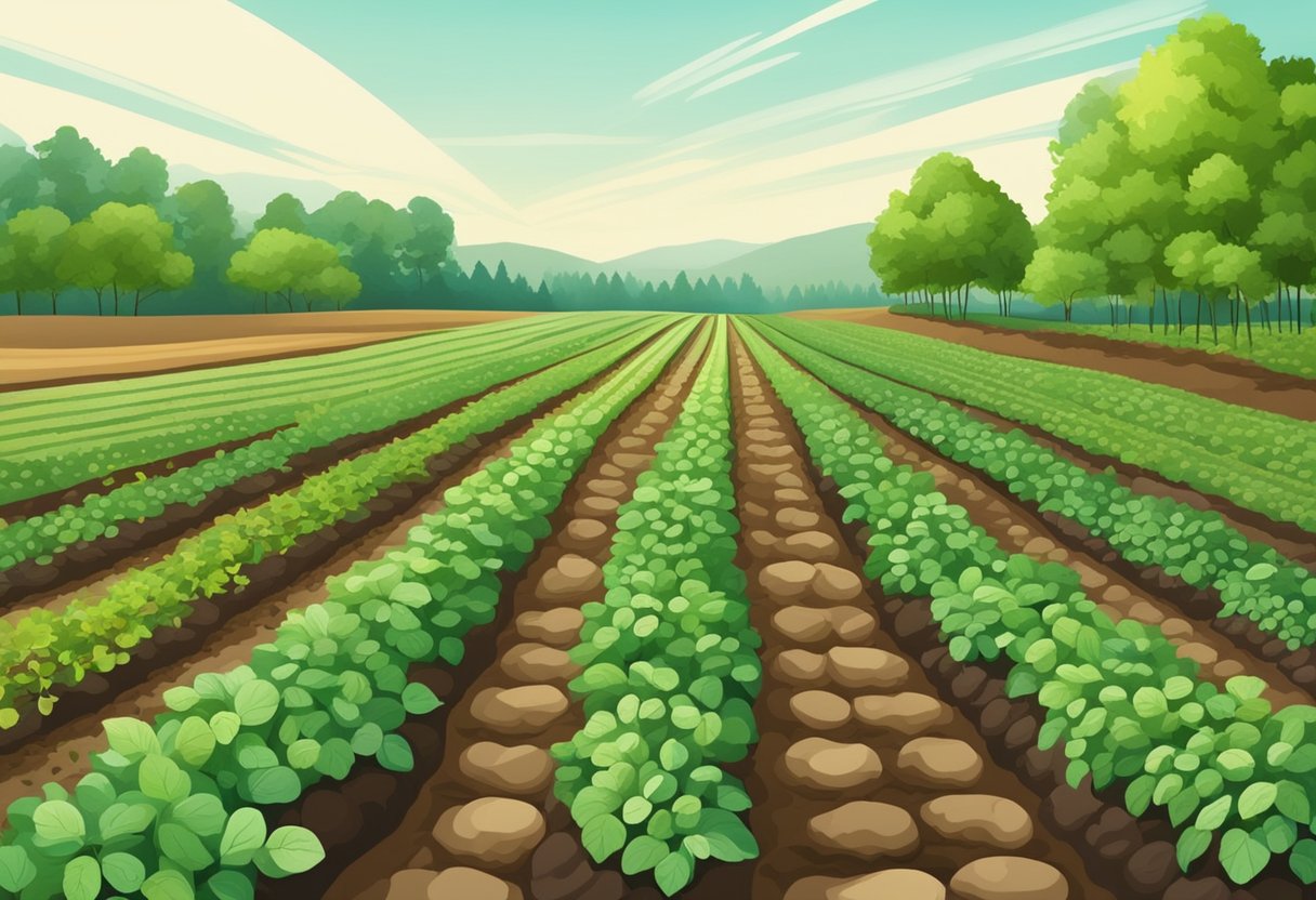 Et frodigt kartoffelmark med forskellige sorter af kartofler, der vokser i rækker, omgivet af frugtbar jord og grønne blade