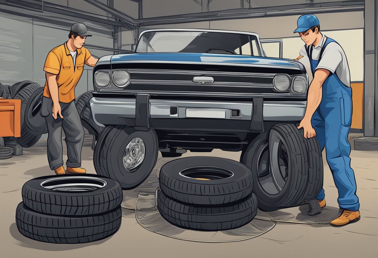 En mekaniker, der vælger og monterer forskellige typer dæk på et køretøj, med en stak gamle dæk i baggrunden