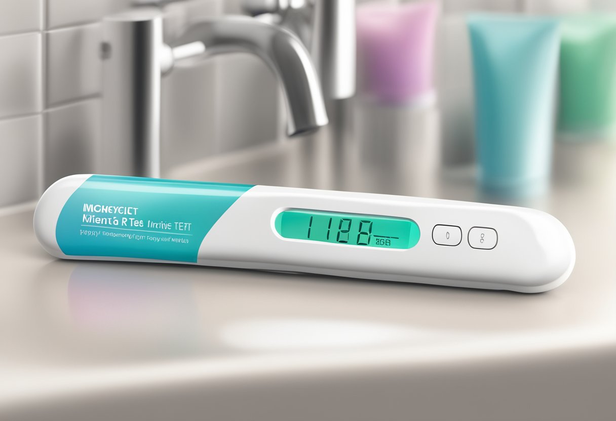 En graviditetstest, der ligger på en badeværelsesbordplade, med et positivt resultat vist på skærmen