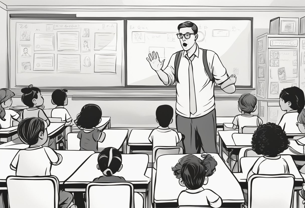Et klasseværelse med en lærer, der står foran en gruppe børn med et strengt udtryk i ansigtet. Børnene ser bange og urolige ud.