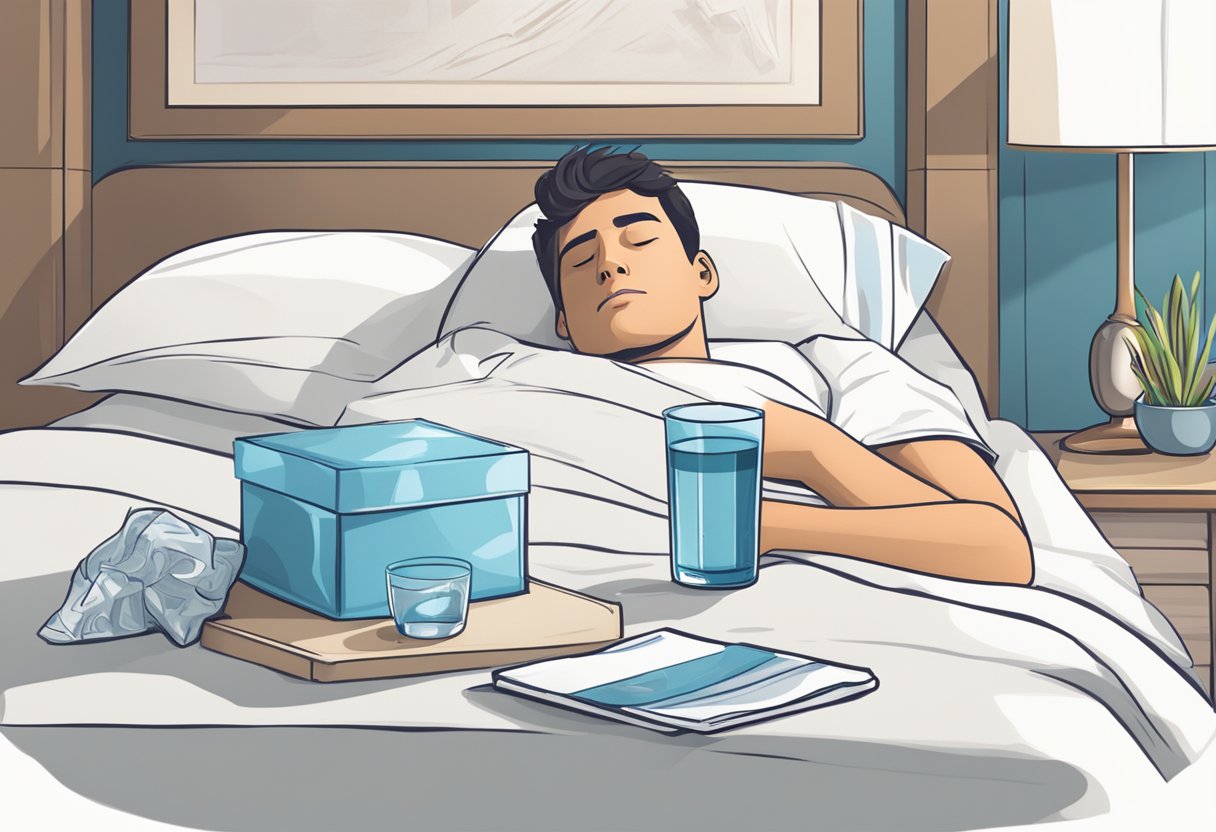 En person, der hviler i sengen med et termometer, et glas vand og en æske med servietter på natbordet