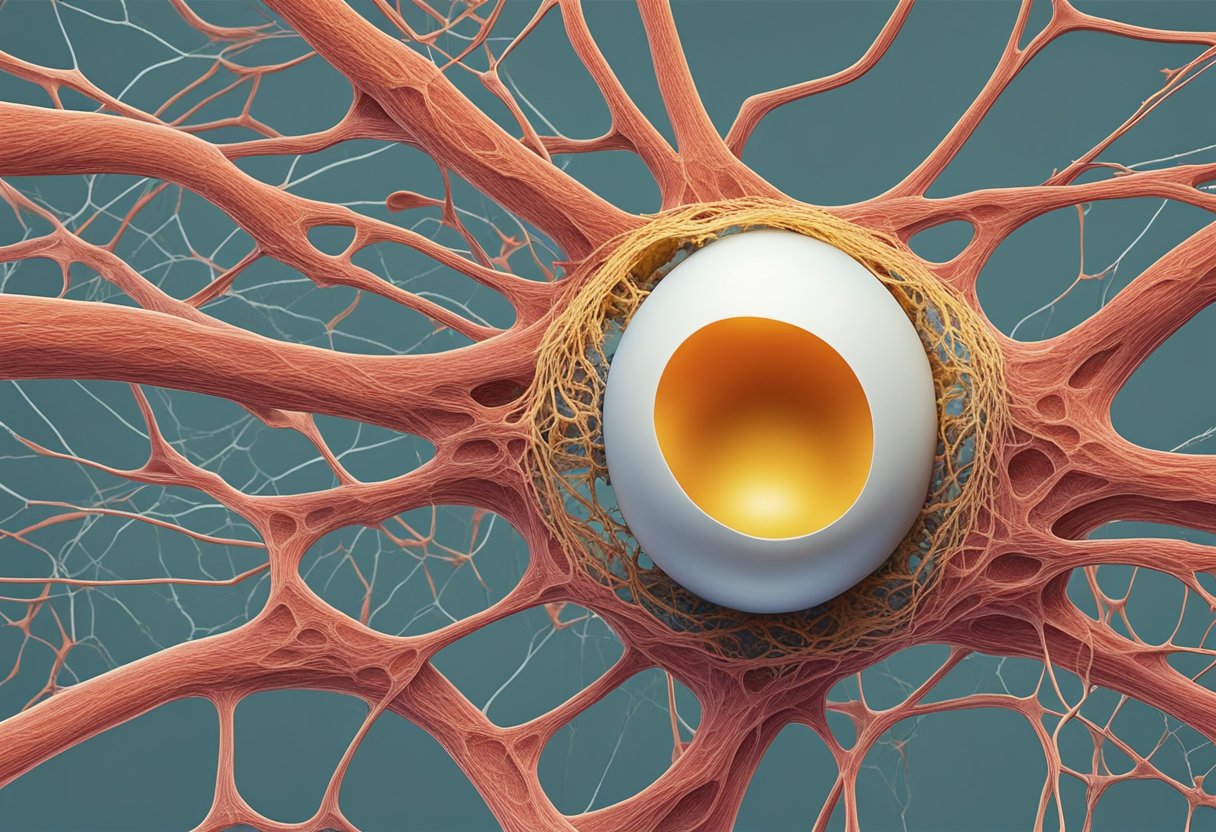 Et mikroskopisk æg fæstner sig til livmodervæggen, omgivet af et netværk af blodkar og understøttende væv.