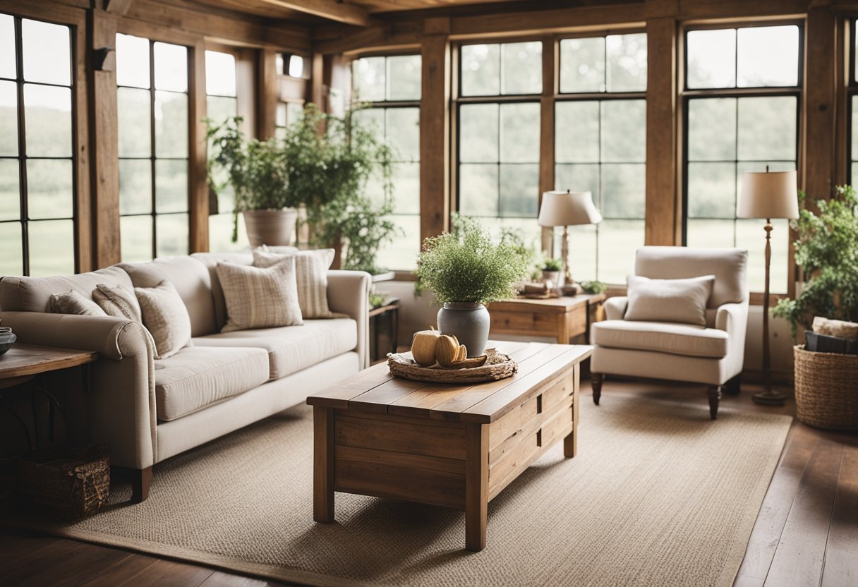A cozy farmhouse living room with rustic wooden furniture, soft neutral colors, vintage accents, and plenty of natural light streaming in through large windows