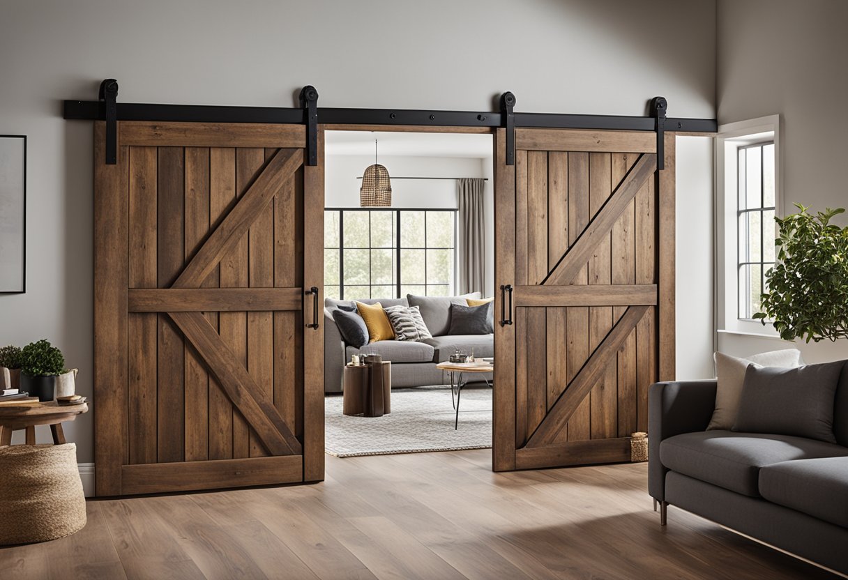 A rustic farmhouse interior with sliding barn doors leading to a cozy living space, adorned with fresh, modern decor
