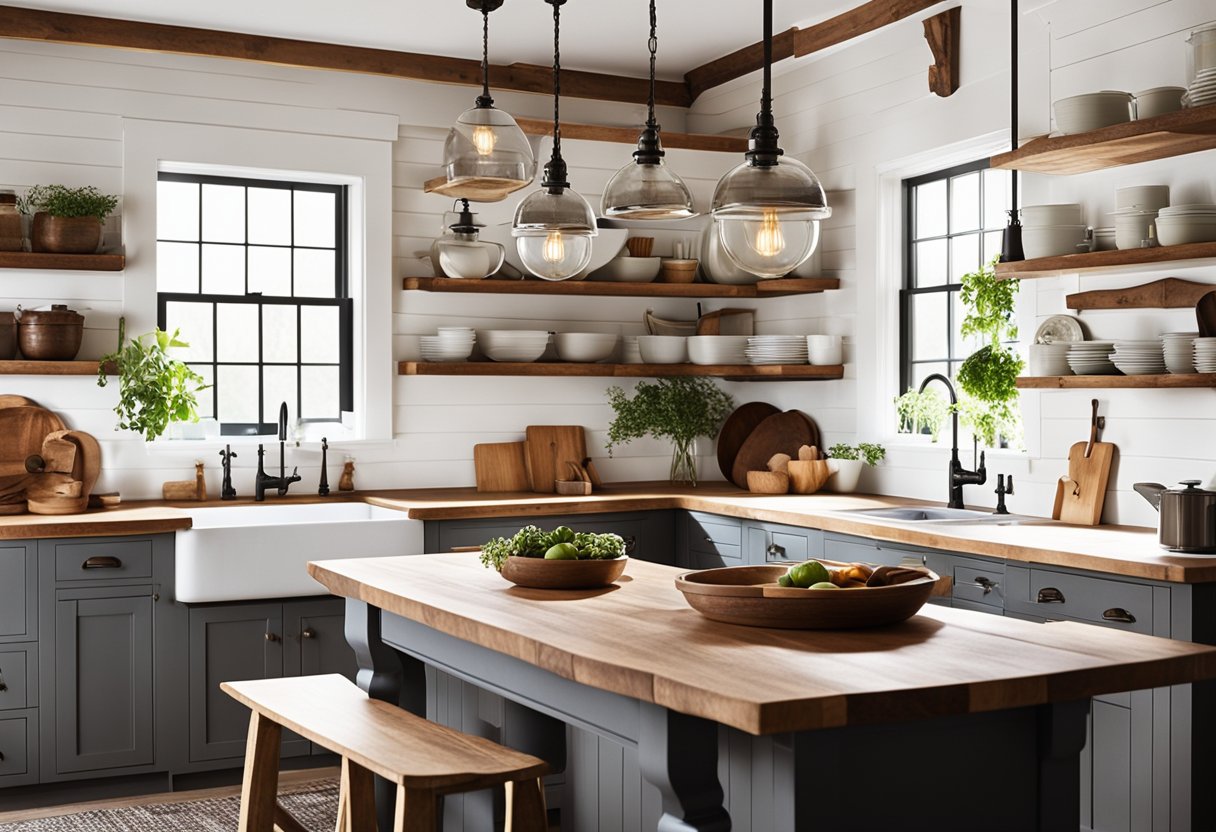 A cozy farmhouse kitchen with white shiplap walls, open shelving, butcher block countertops, vintage-inspired light fixtures, and a rustic farmhouse sink