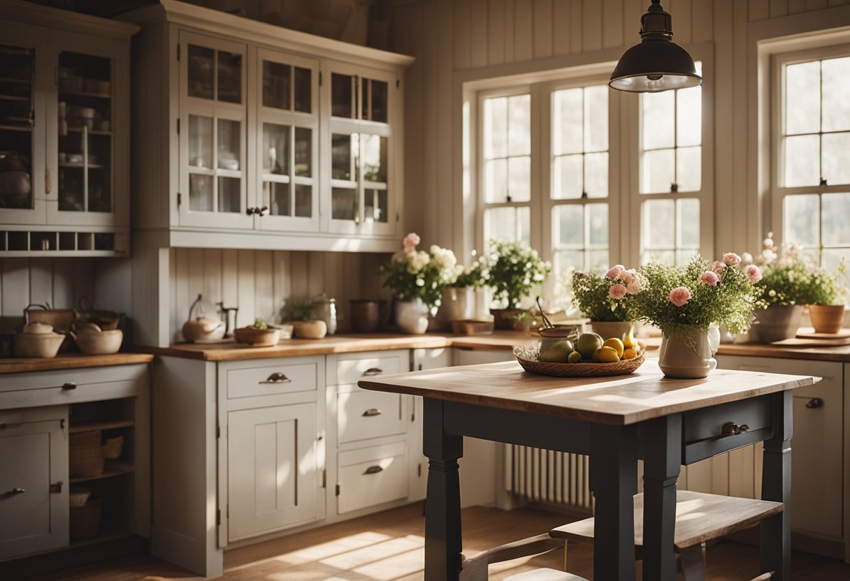 A cozy farmhouse kitchen with painted cabinets, vintage hardware, and fresh flowers on the counter. Sunshine streams through the window, casting a warm glow on the rustic wooden table and chairs