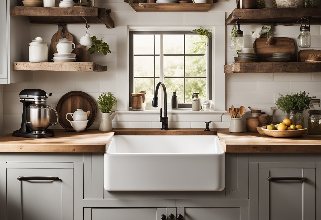 A farmhouse sink stands out in a rustic kitchen, surrounded by open shelves, mason jar accents, and a distressed wood table