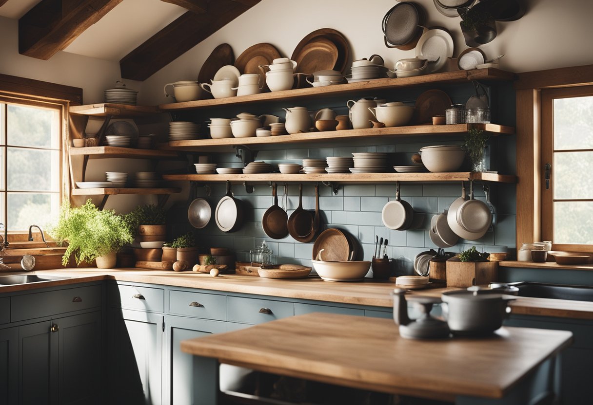 A cozy farmhouse kitchen with open shelving filled with rustic dishes and vintage cookware, bathed in warm natural light from a nearby window