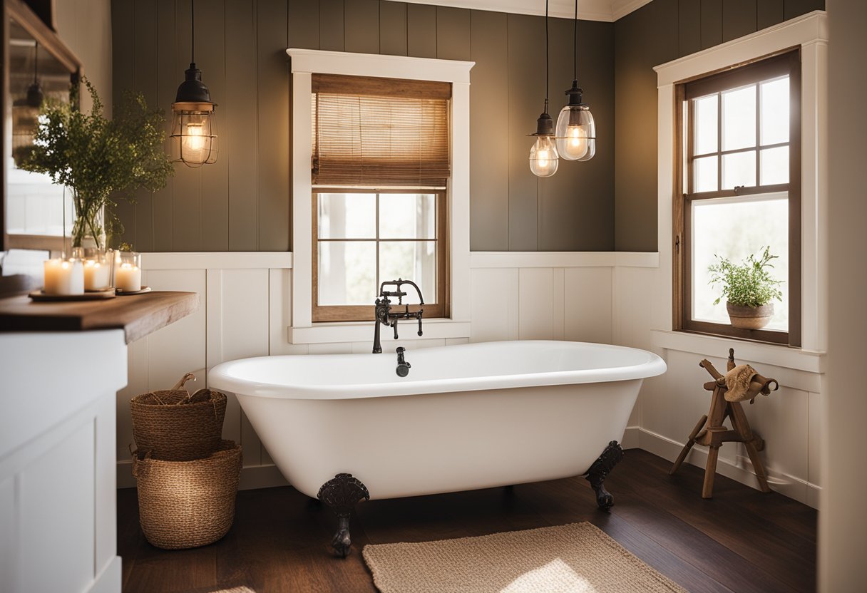 A rustic bathroom with a clawfoot tub, shiplap walls, and a vintage farmhouse-style light fixture casting a warm glow over the space