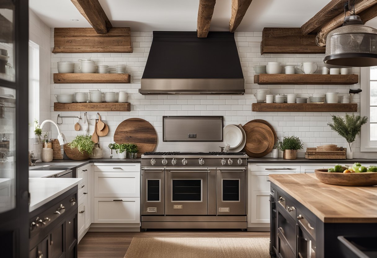 A rustic farmhouse kitchen with a custom vent hood made from reclaimed wood and metal, surrounded by budget-friendly decor and vintage accents