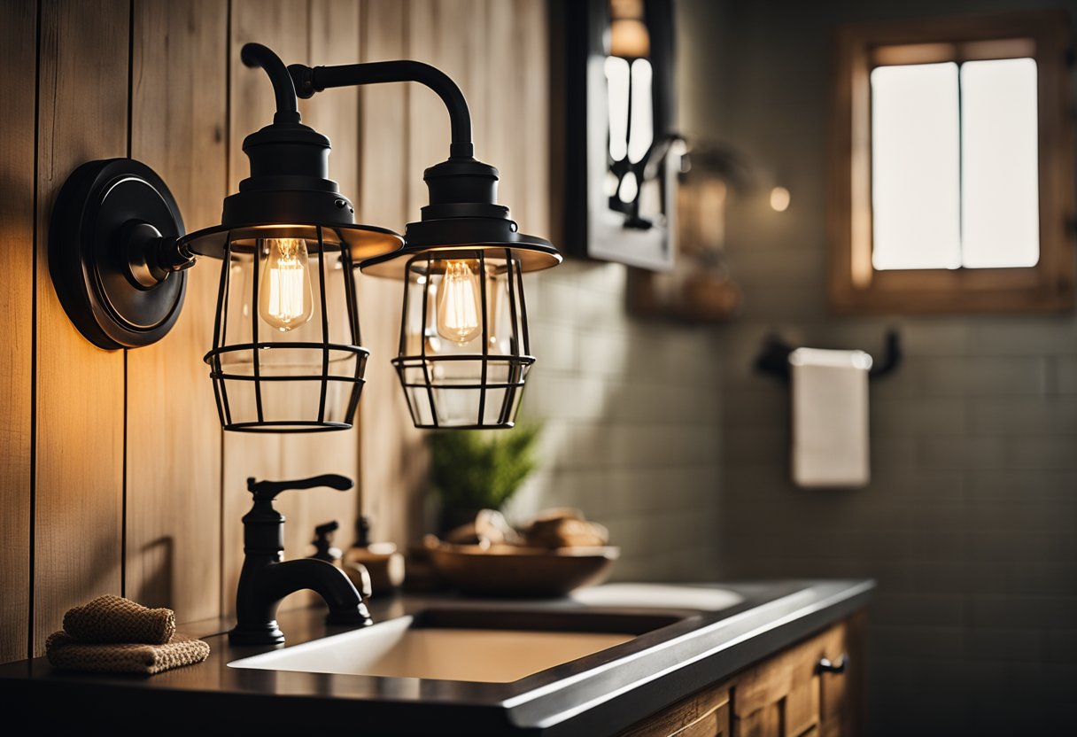 A rustic bathroom with a black metal and wood vanity light fixture casting a cozy glow over farmhouse-style decor