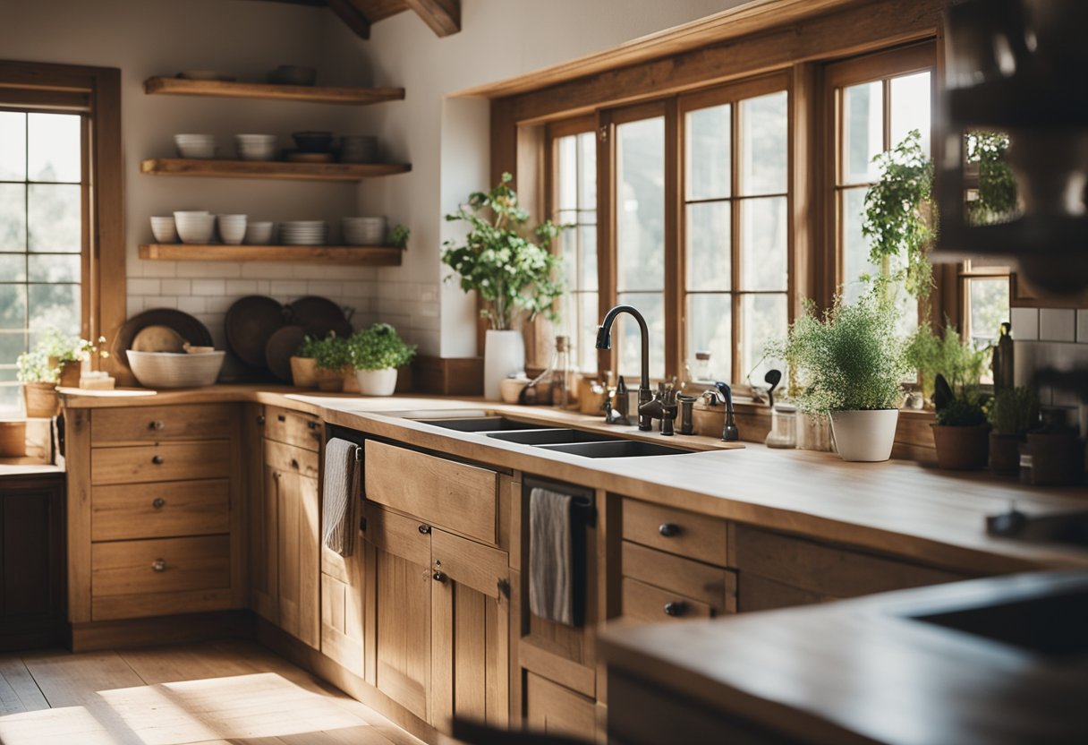 A cozy farmhouse kitchen with repurposed wood countertops, vintage decor, and natural light streaming in through the window