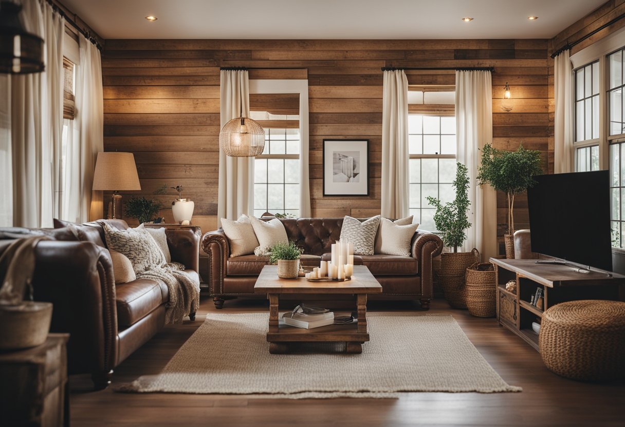 A rustic farmhouse living room with cozy wallpaper, vintage furniture, and warm lighting