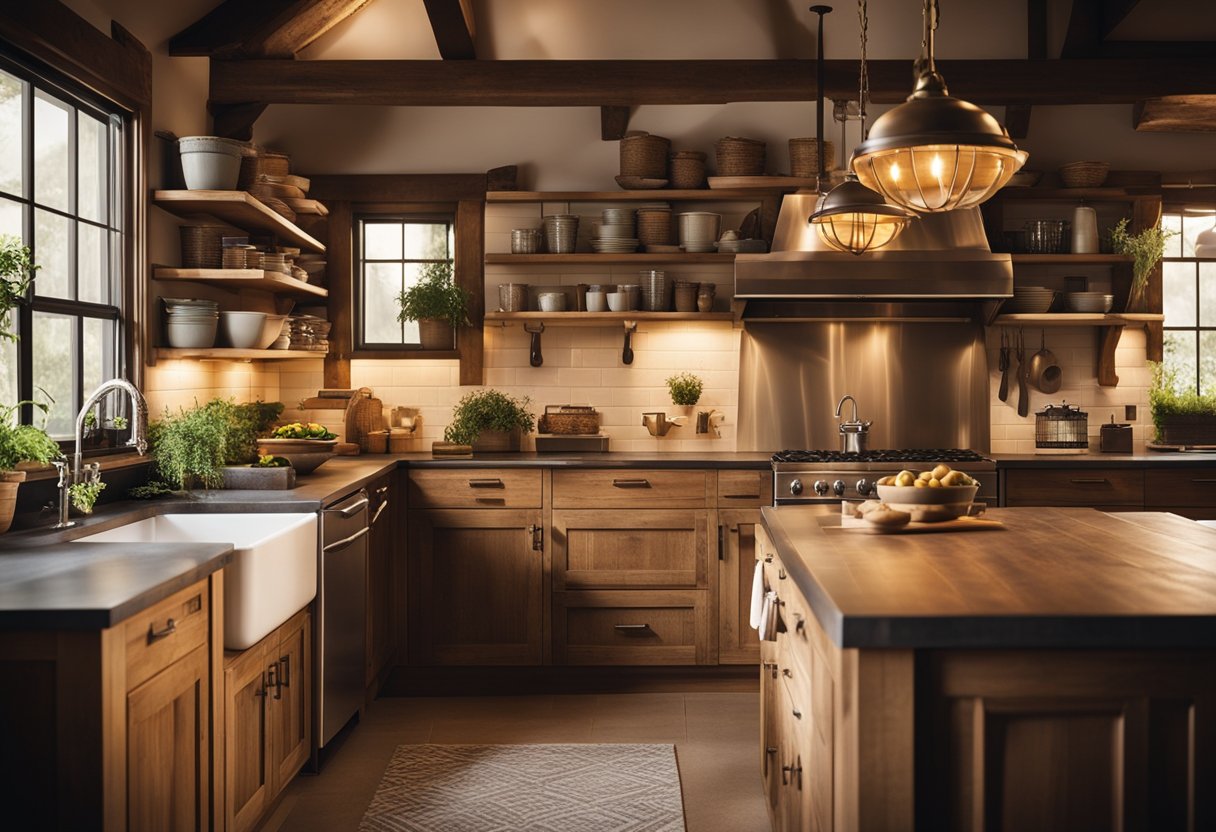A cozy farmhouse kitchen with rustic wooden cabinets, a vintage farmhouse sink, and unique lighting fixtures casting a warm glow over the space