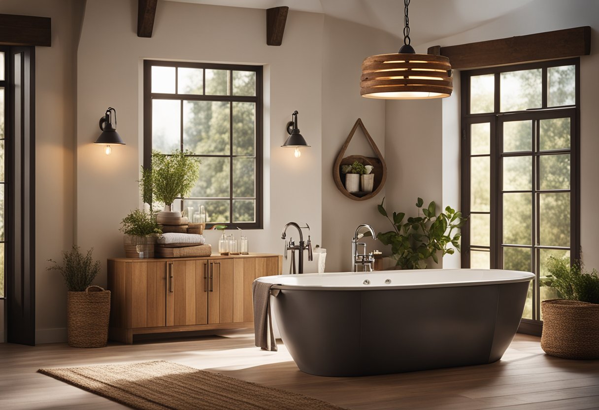 A cozy farmhouse bathroom with a rustic wood pendant light casting a warm glow over the space