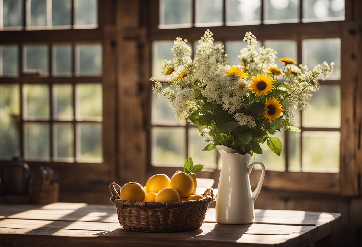 Sunlight streams through a window onto a rustic wooden table adorned with fresh flowers, a vintage milk jug, and a woven basket. A cozy farmhouse setting with exposed wooden beams and earthy decor