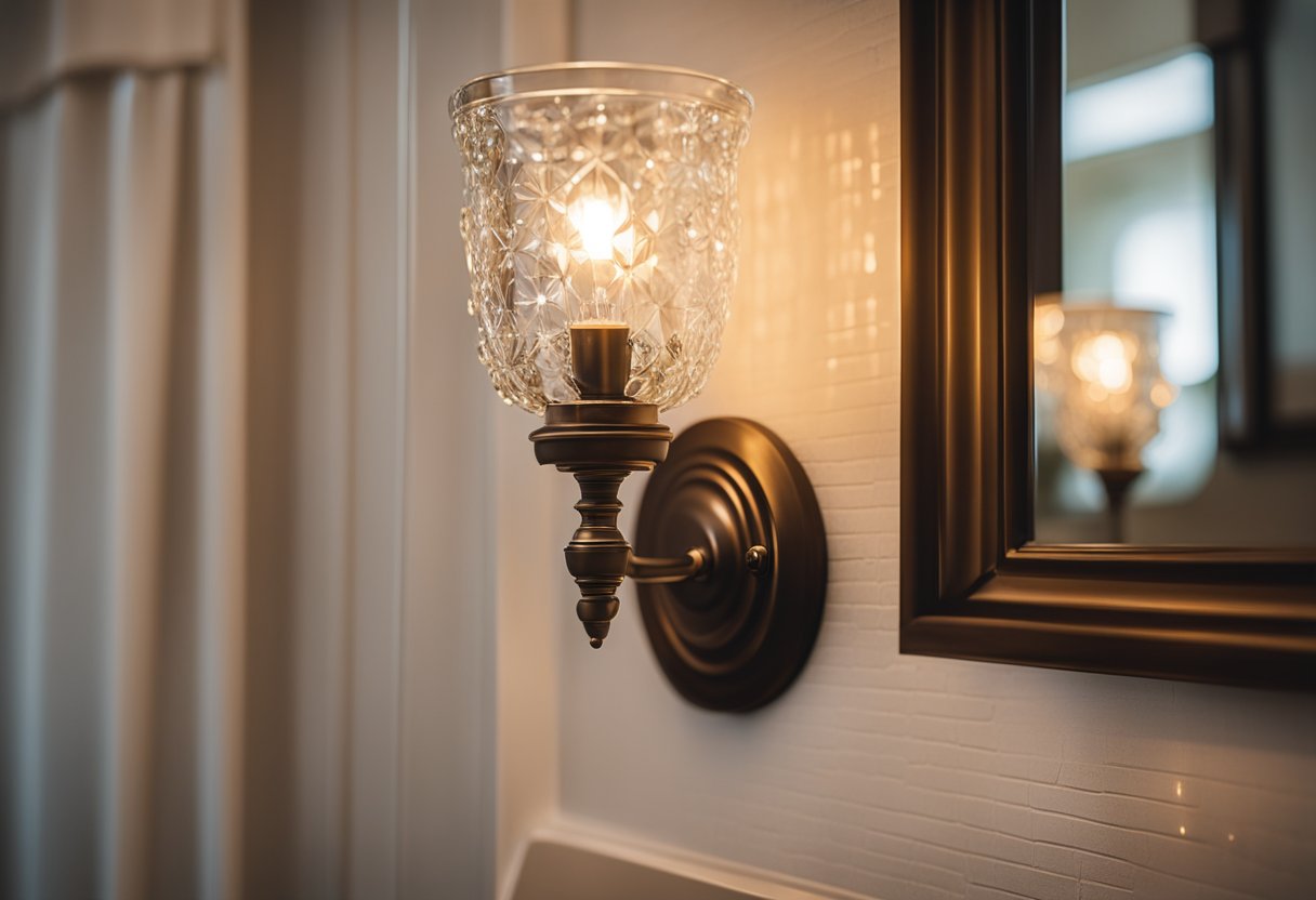 A clear glass sconce with metal accents illuminates a cozy farmhouse-style bathroom, casting a warm and inviting glow