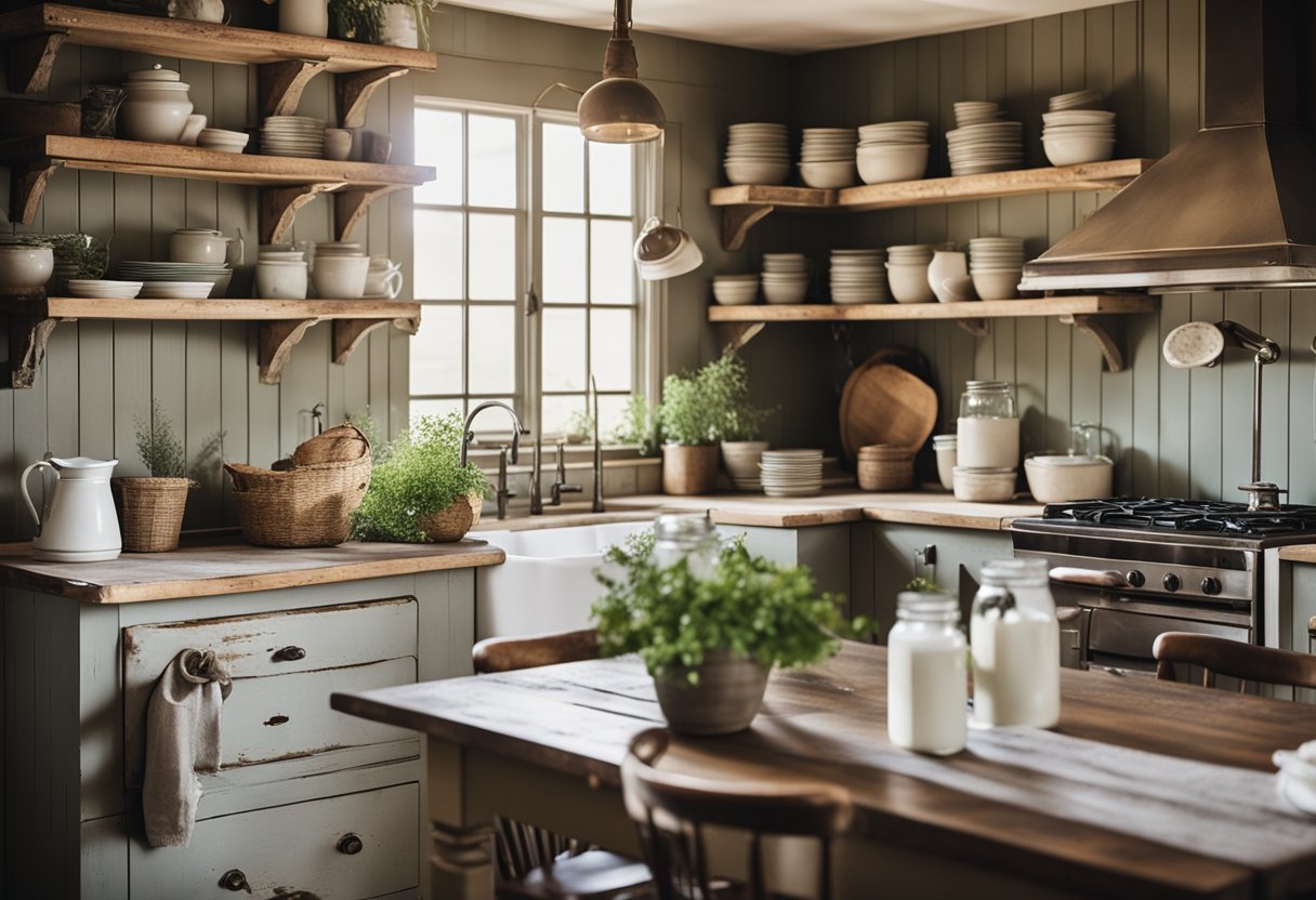 A cozy farmhouse kitchen with rustic wooden shelves, vintage enamelware, mason jar storage, and a distressed farmhouse table with mismatched chairs