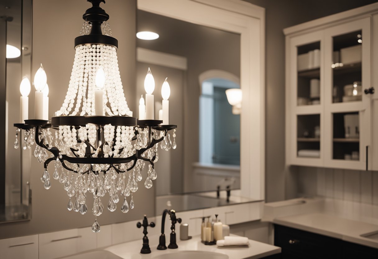 A modern black and white chandelier hangs above a cozy farmhouse-style bathroom, casting a warm and inviting glow