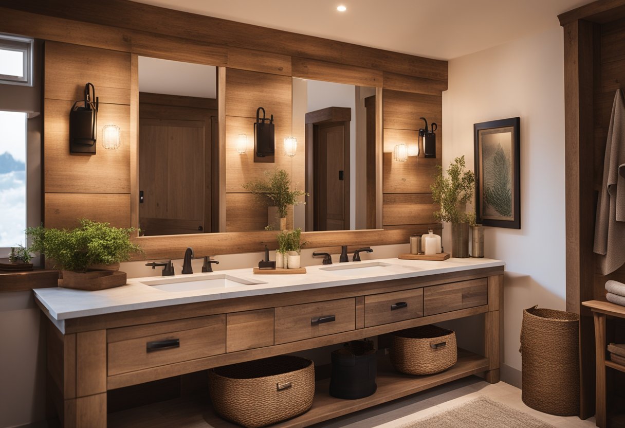 A rustic wooden vanity fixture illuminates a cozy farmhouse-style bathroom, casting a warm glow over the wood grain and creating a serene atmosphere